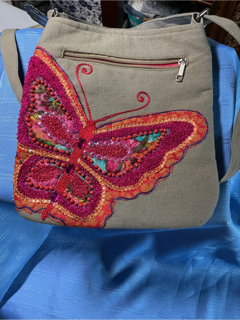 Pier 1 Butterfly Embroidered Crossbody Bag - Beige with Pink & Orange Accents